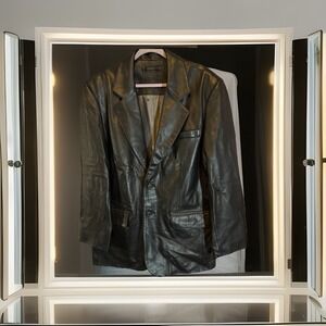 Roundtree & Yorke Men's Genuine Lambskin Leather Blazer Jacket – Black, Size L